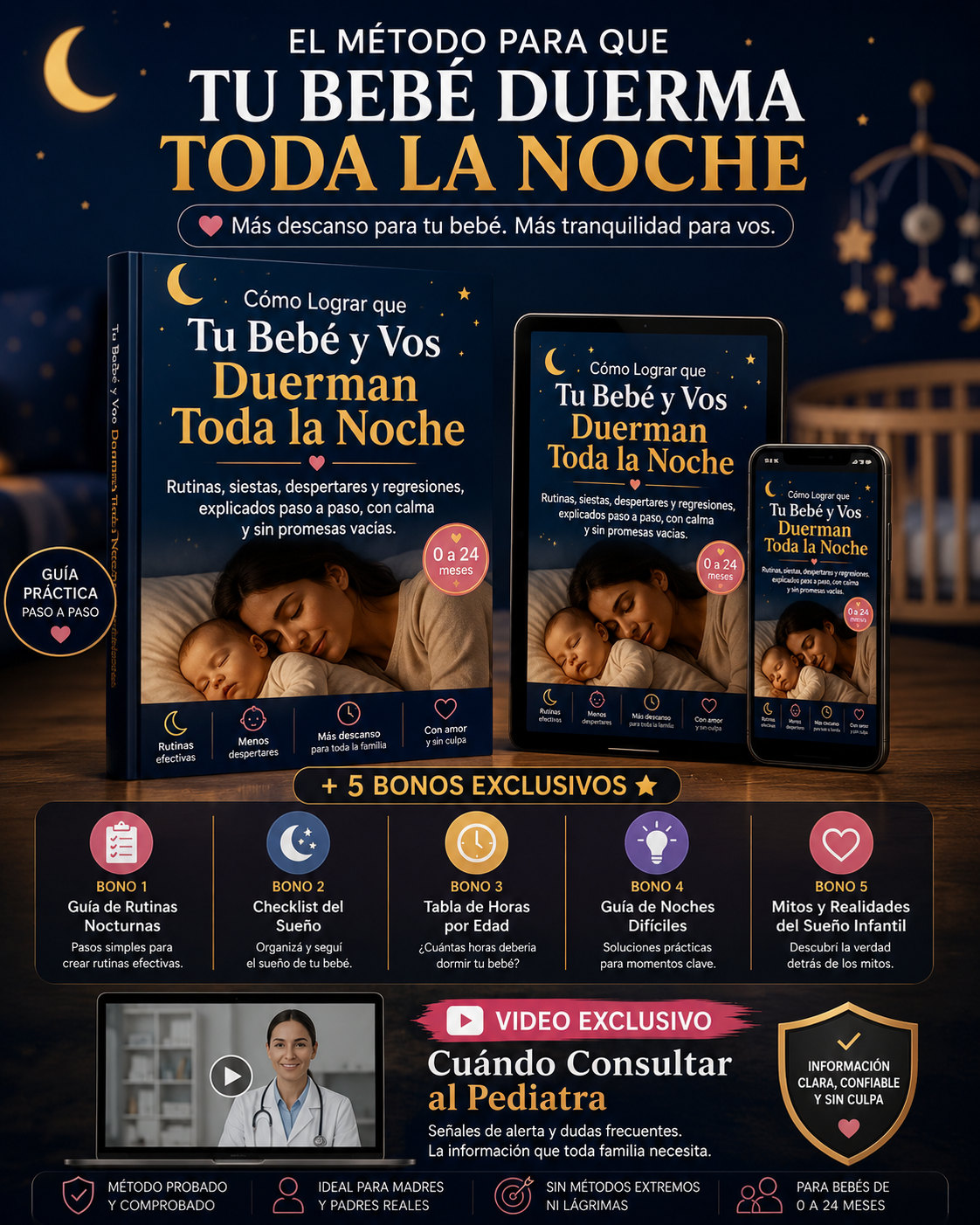 El Método para que Tu Bebé Duerma Toda la Noche + 5 Bonos Exclusivos ⭐+ Video Sobre Cuándo Consultar al Pediatra
